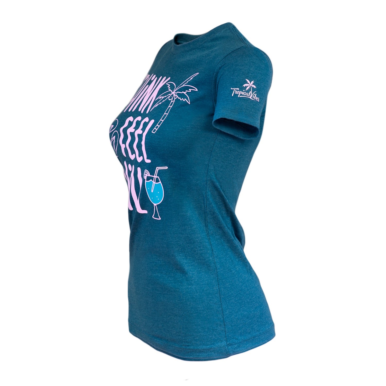 Tropical Vibes Women’s Tee – Heather Blue “Think. Feel. Chill.” Cotton Blend Shirt