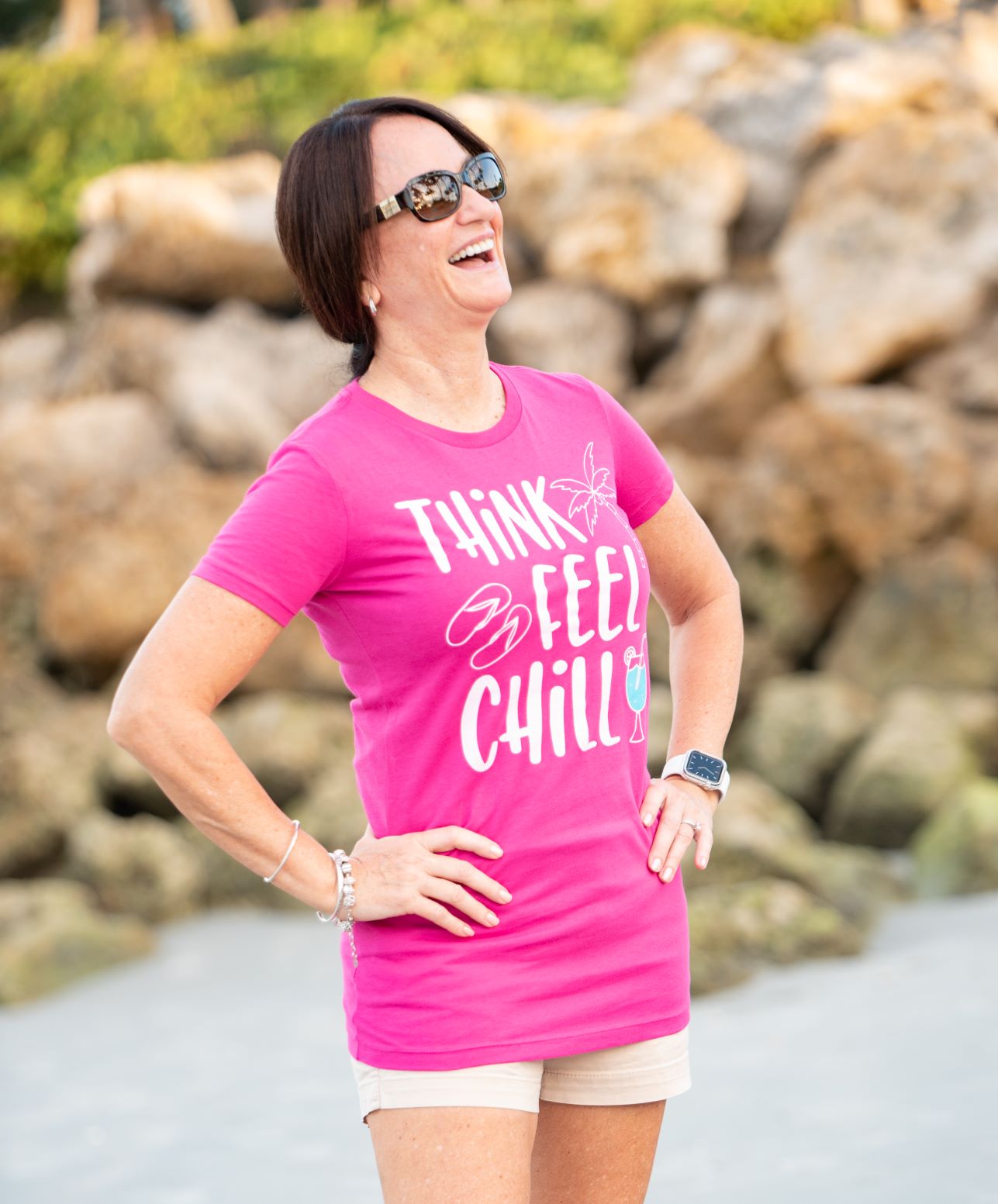 Tropical Vibes Women’s Tee – Heather Blue “Think. Feel. Chill.” Cotton Blend Shirt