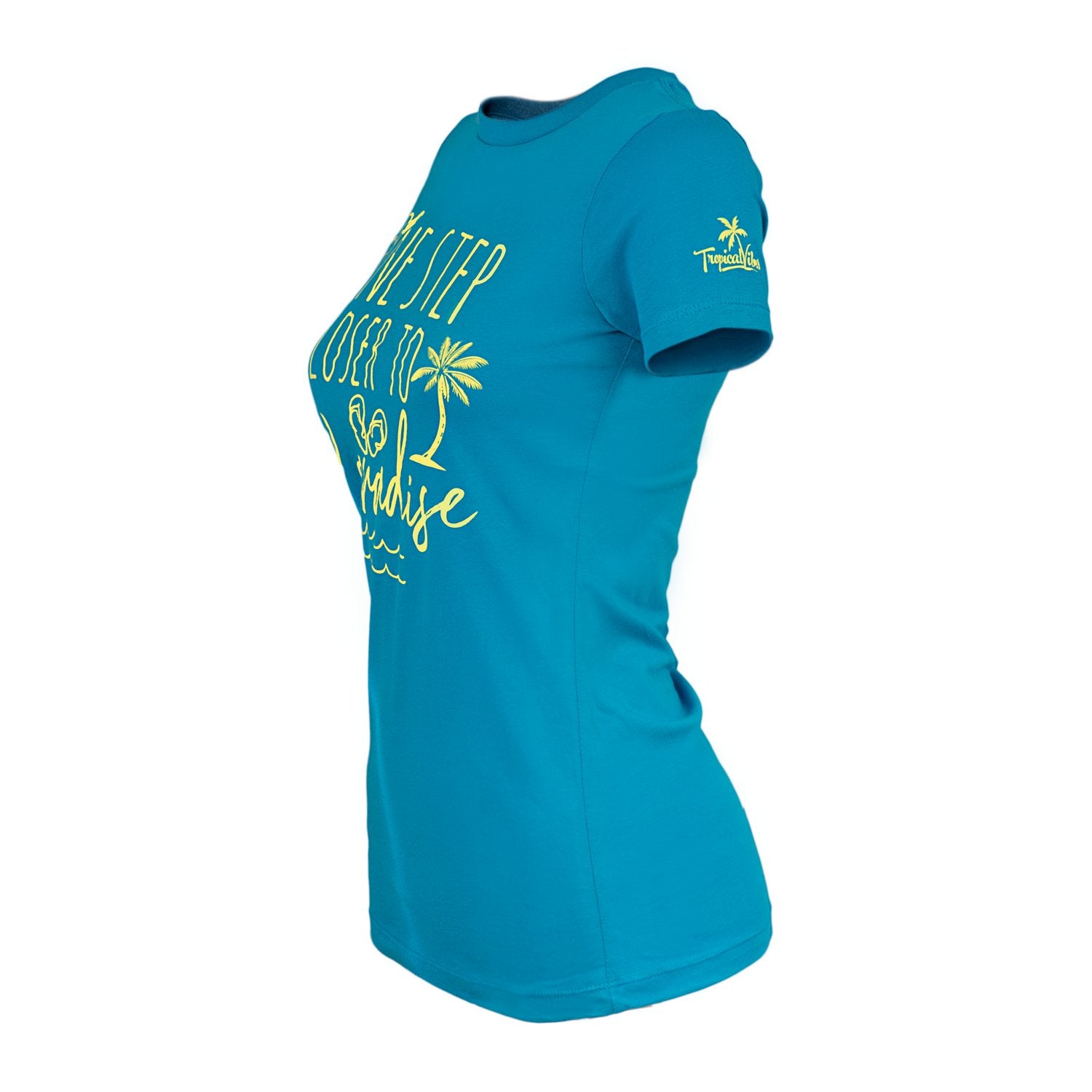 Tropical Graphic Tee for Women – “Closer to Paradise” in Aqua, 100% Cotton