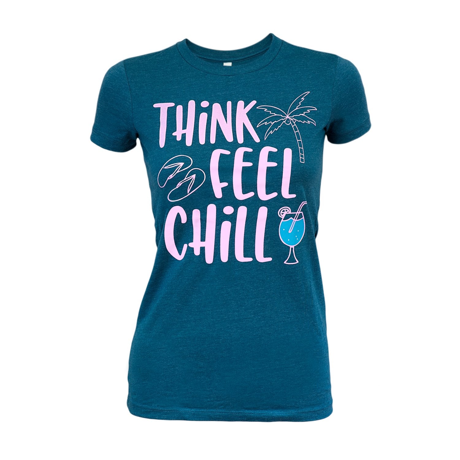 Tropical Vibes Women’s Tee – Heather Blue “Think. Feel. Chill.” Cotton Blend Shirt