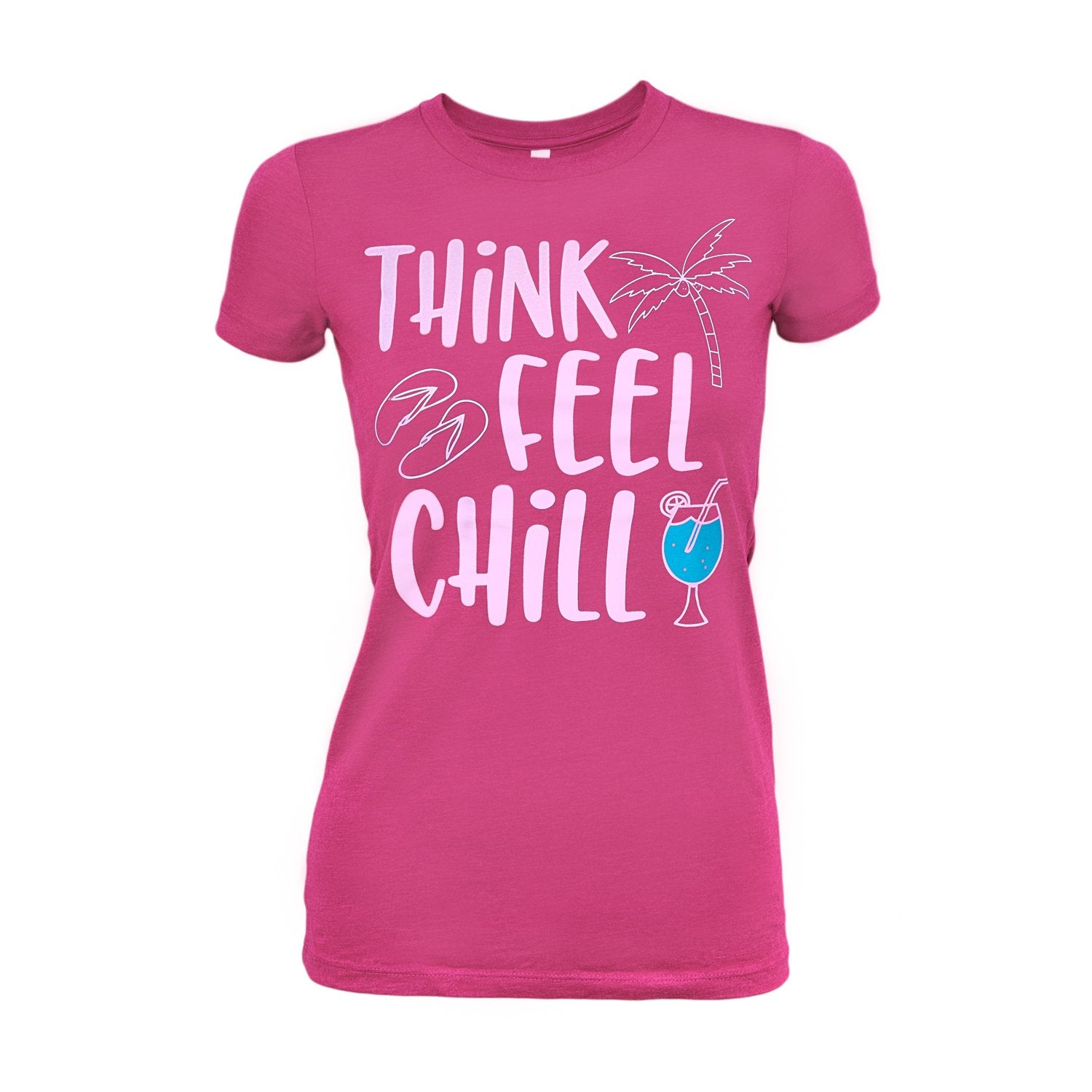 Tropical Graphic Tee for Women – “Think Feel Chill” in Berry, 100% Cotton