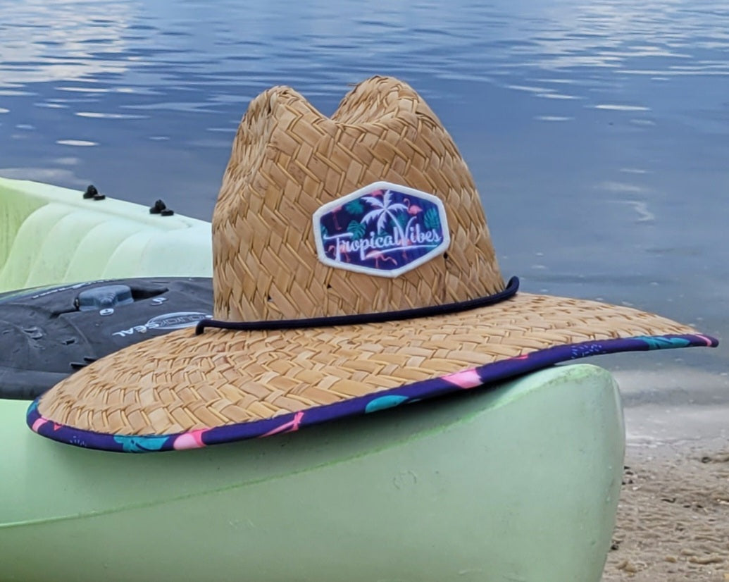 UPF 50+ Wide Brim Straw Sun Hat w/Chin Strap, Flamingo