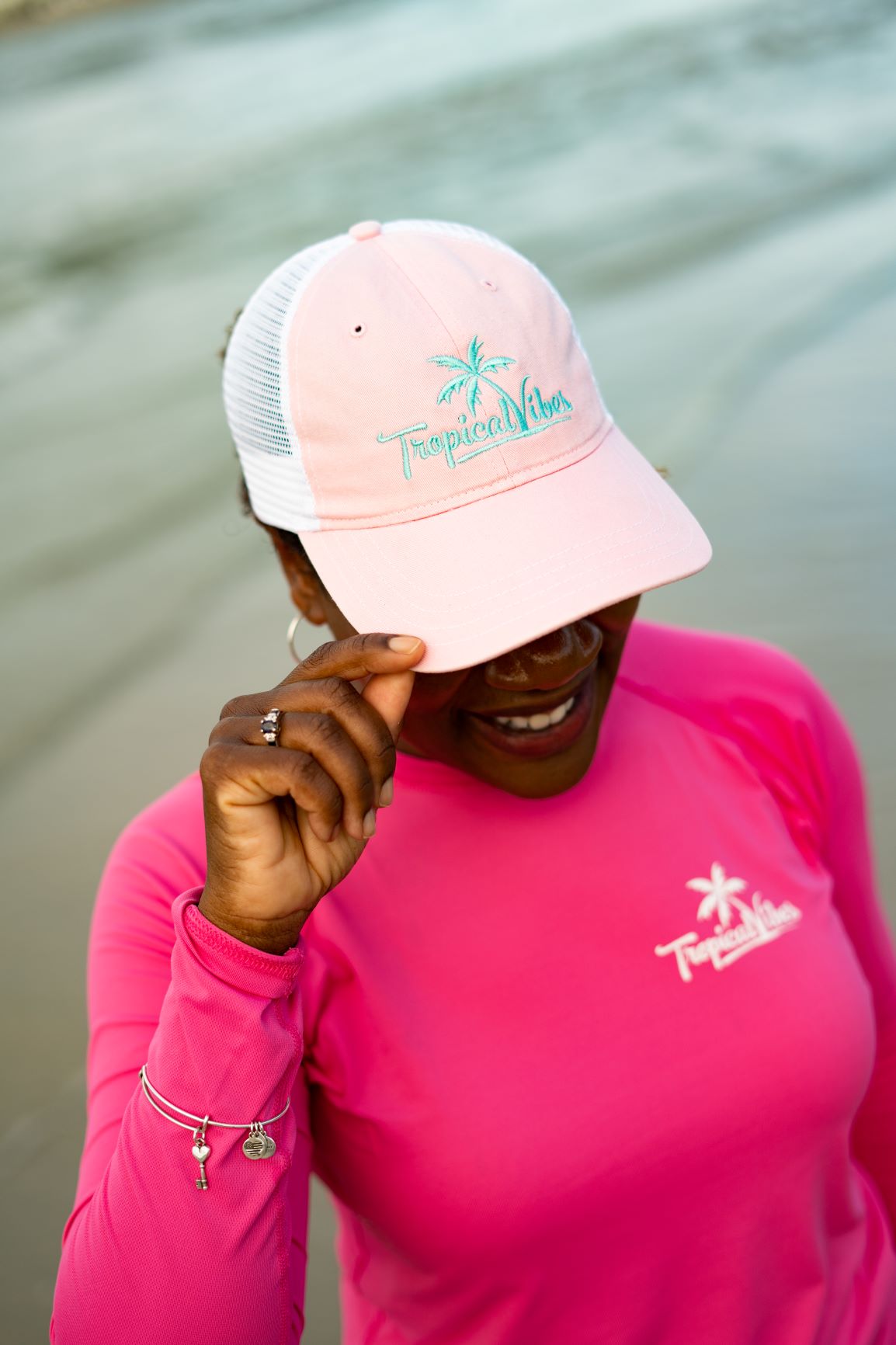 Unstructured Mesh Snapback Hat – Pink with Aqua Embroidered Logo