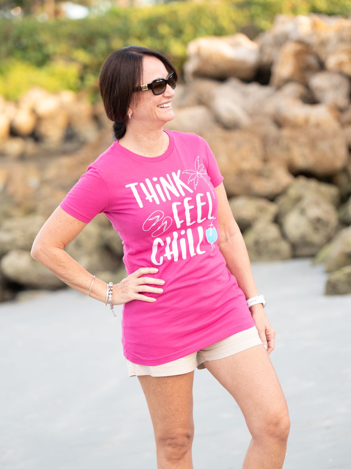 Tropical Vibes Women’s Tee – Heather Blue “Think. Feel. Chill.” Cotton Blend Shirt