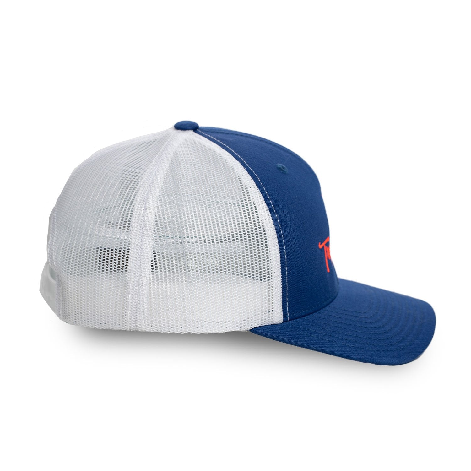 Structured Trucker Snapback Hat – Royal Blue with Orange Embroidered Logo